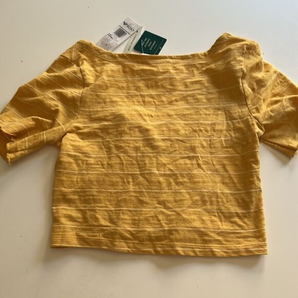 Roxy Uncomplicated Mind Button Front Stripe Tee Ochre Beachy Yarn, Small, NWT - Picture 8 of 9